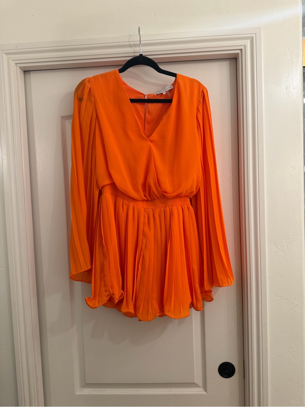 Women's Orange Pleated Long-Sleeve Romper